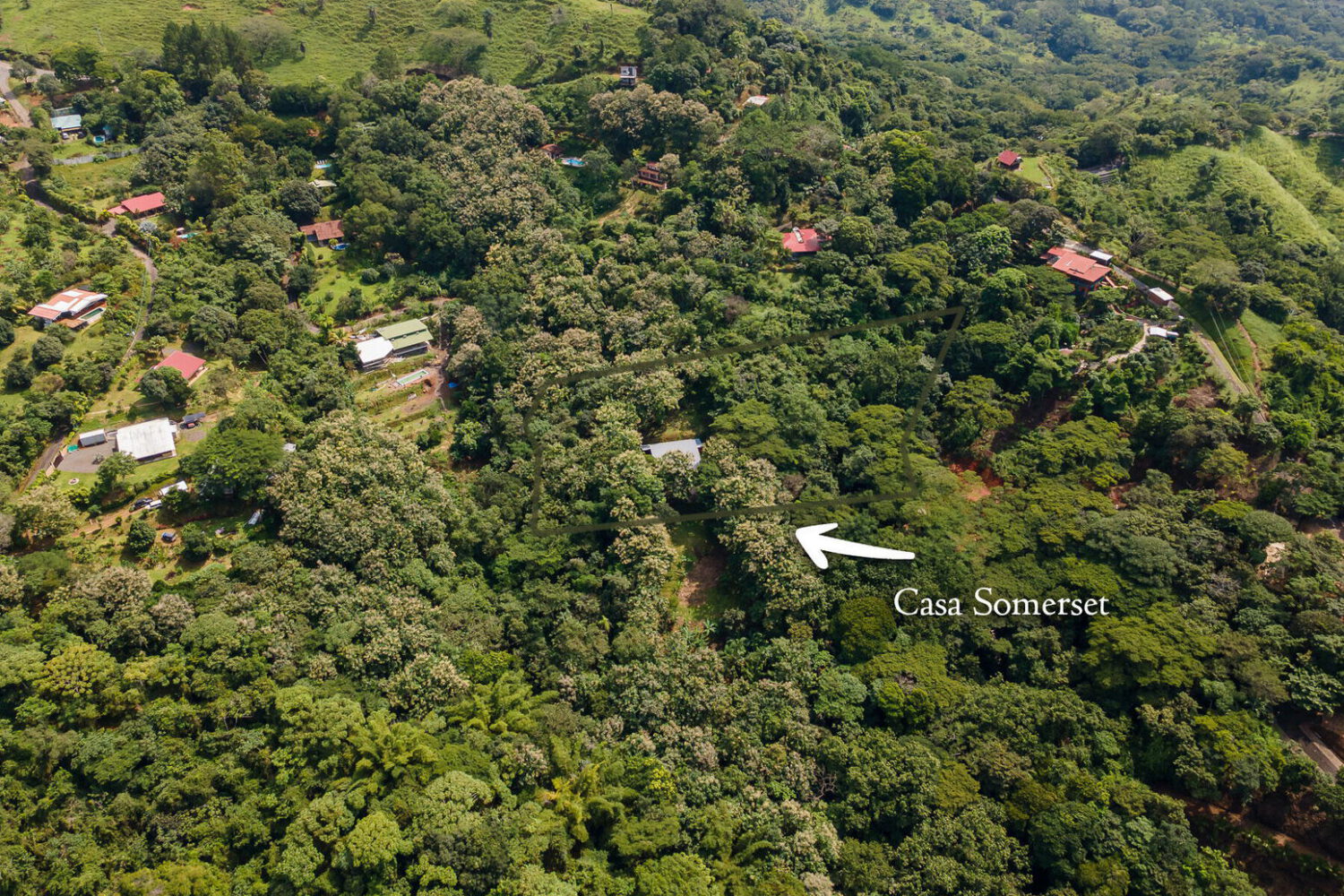 Aerial view locating the home within the forested Maderal hillside
