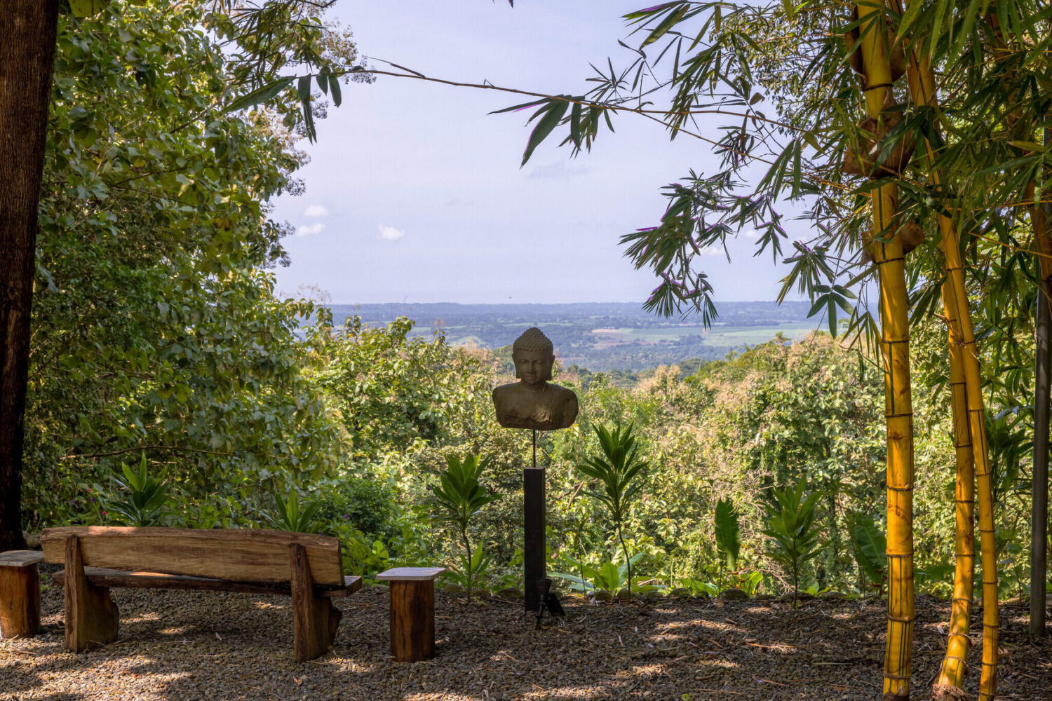 Timber bench at a garden lookout facing the open valley