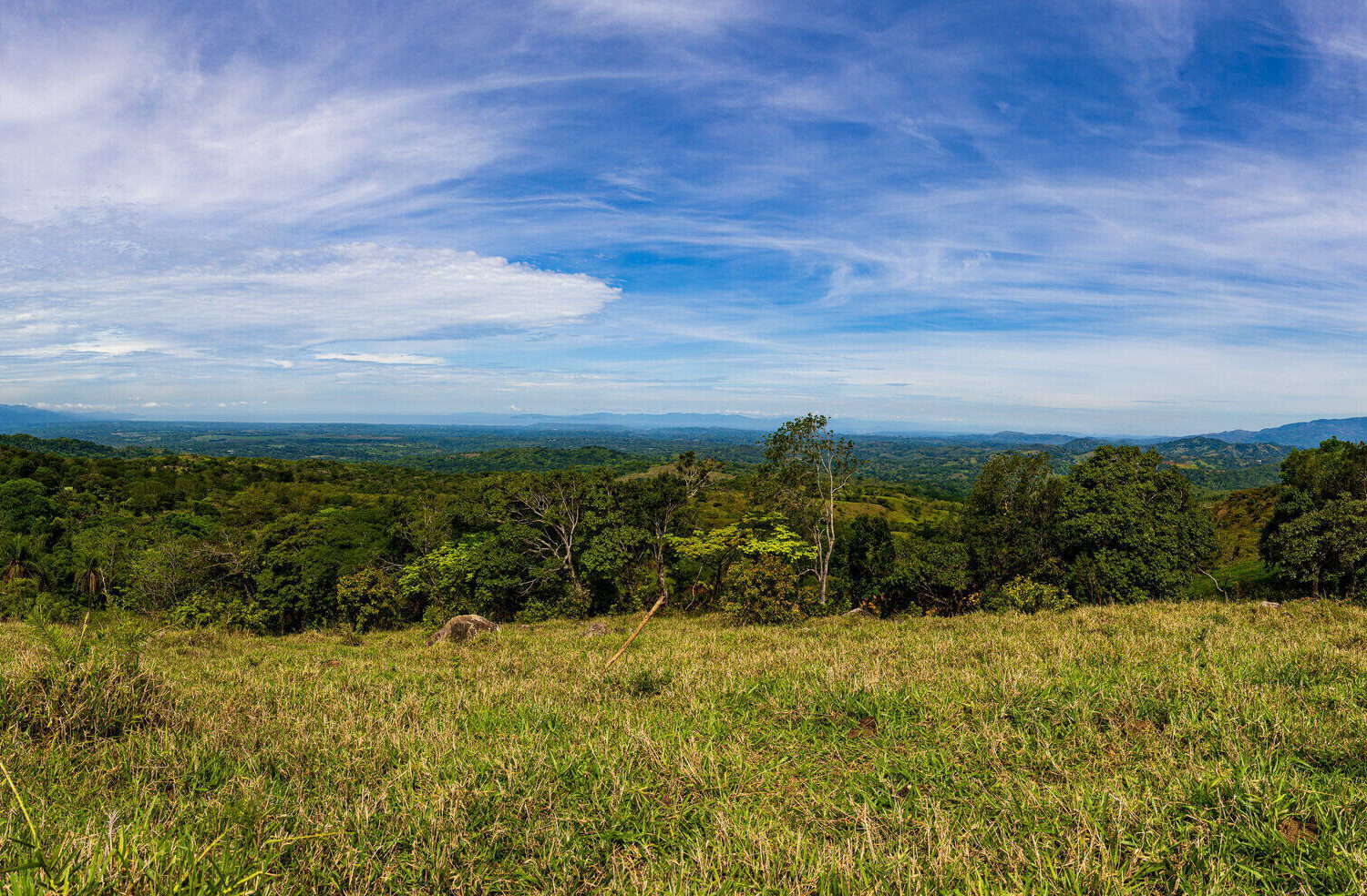 Broad pasture opening to a wide valley under a tall sky