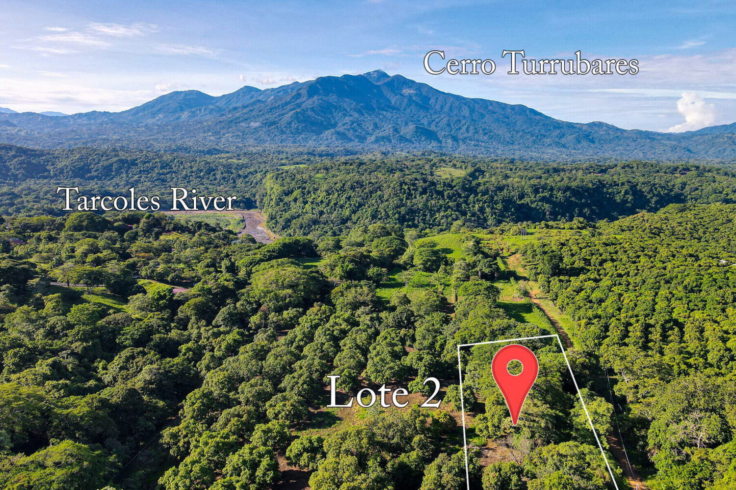 Aerial view of Lot 2 outlined, with Cerro Turrubares beyond