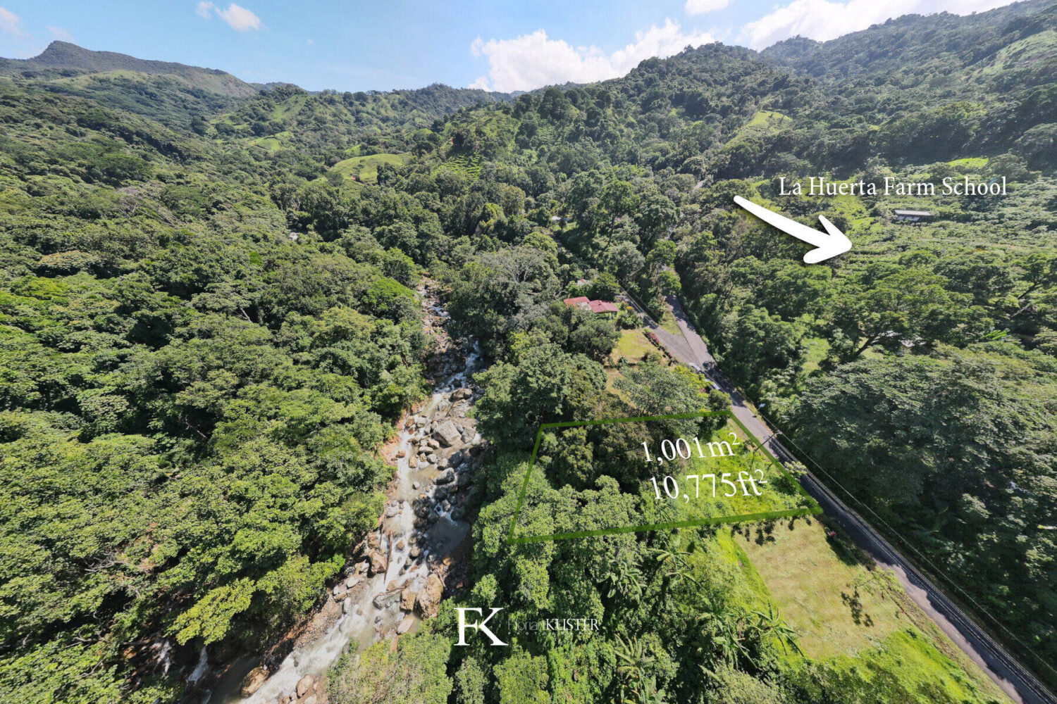 Aerial view of the lot outlined near the river