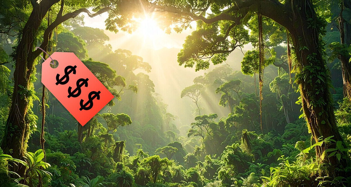 Sunlight breaking through the jungle canopy, with a red price tag hanging from a branch