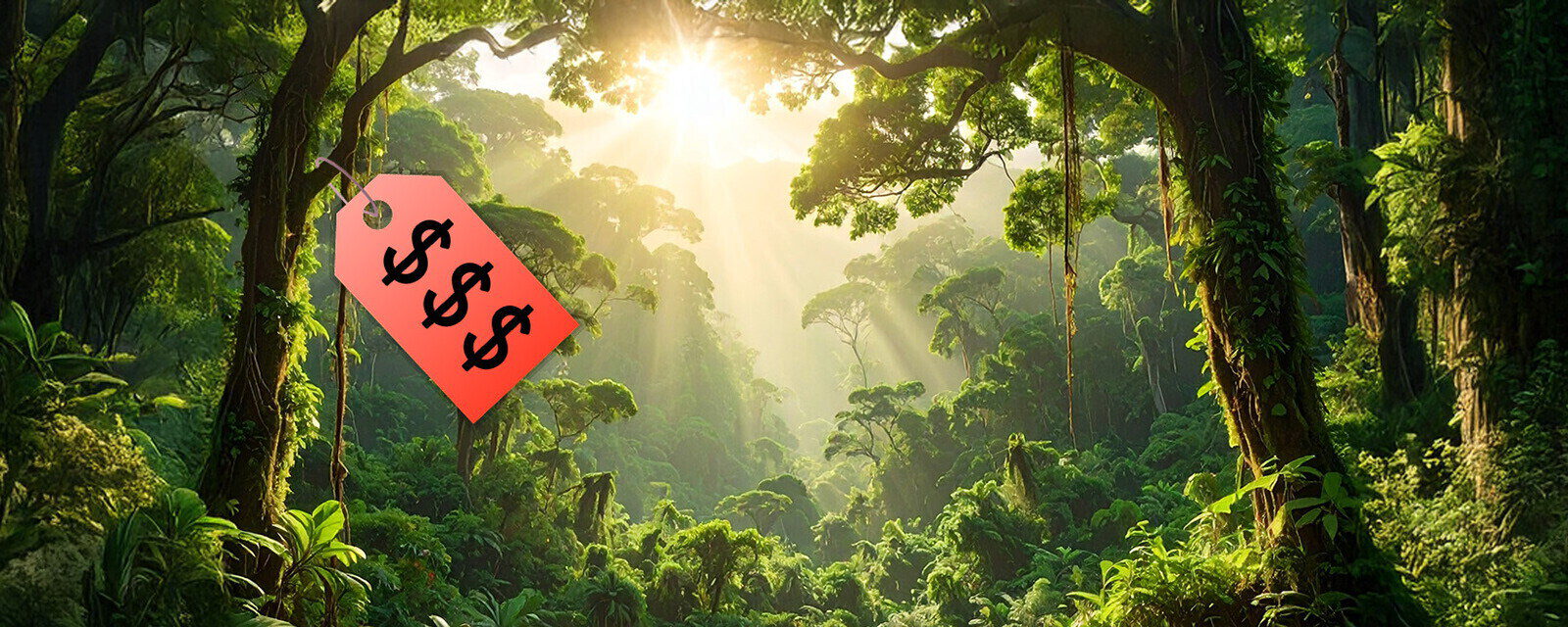 Sunlight breaking through the jungle canopy, with a red price tag hanging from a branch