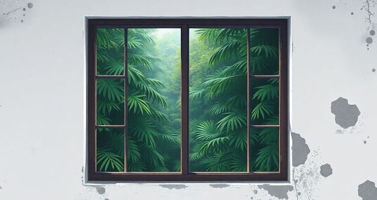 A window looking onto dense jungle, set in a white wall stained with damp