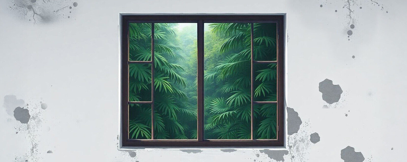 A window looking onto dense jungle, set in a white wall stained with damp