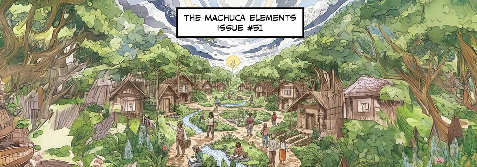 Illustrated panorama of the Machuca Valley community among the trees