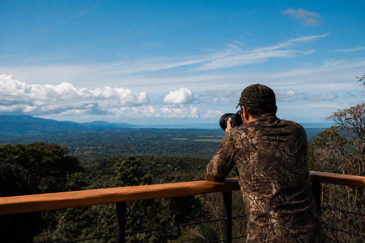 A photographer capturing the panoramic view over the forested hills of the Machuca Valley from a hillside terrace in Costa Rica
